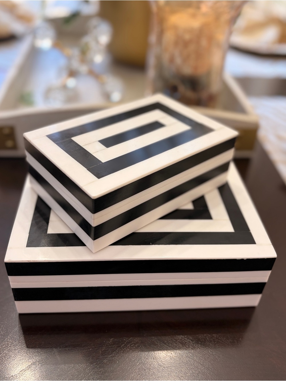 New set of 2 Modern Inlaid Resin Black and White Striped Design Storage Jewelry